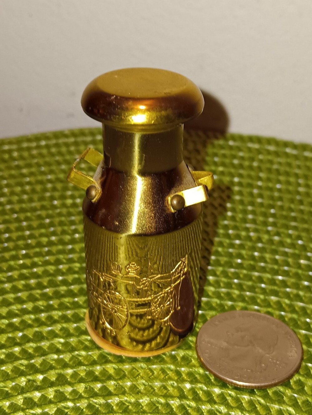 Vintage Solid Brass Miniature Milk Can with Lid | Amish Horse & Buggy Engraving